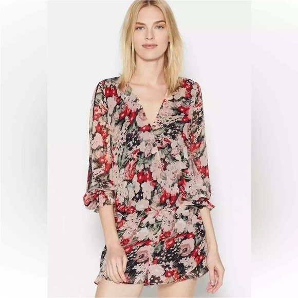 JOIE Ellar silk floral long sleeve romper shorts  in Caviar multi size large - Picture 1 of 8